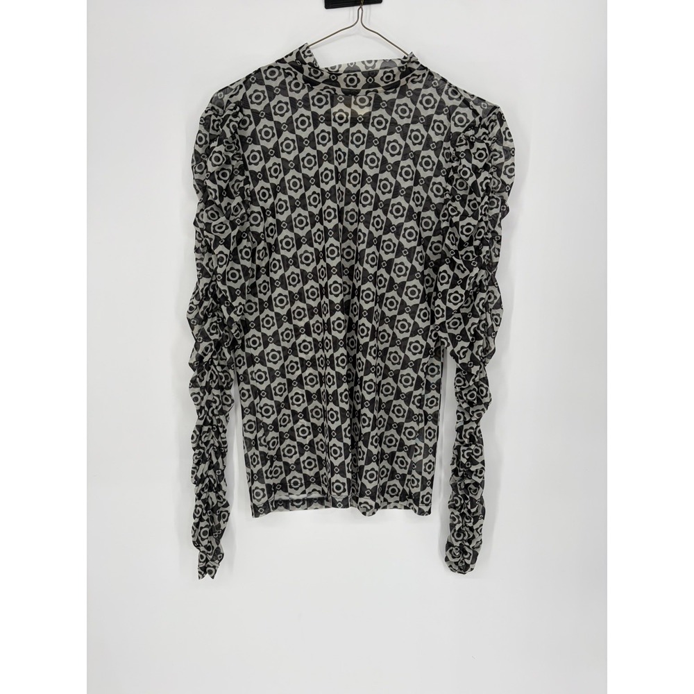 Maeve by Anthropologie Sheer Mesh Turtleneck Ruched Sleeves Size L Geo Floral